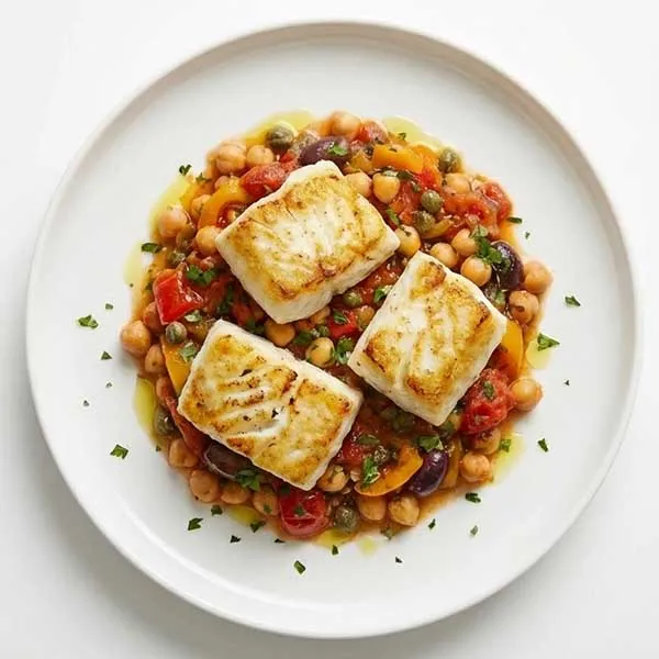 Pan-Seared Fish with Mediterranean Chickpea Stew